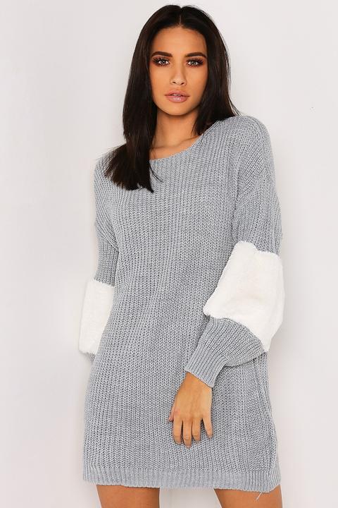 Grey Knitted Faux Fur Sleeve Jumper Dress