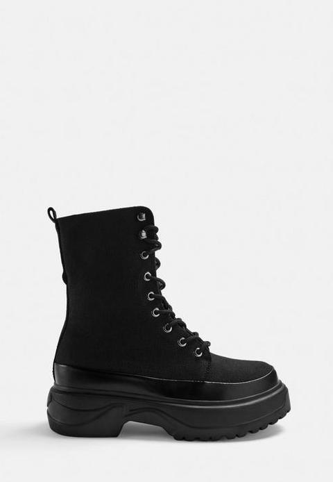 Black Canvas Chunky Sole Ankle Boots, Black