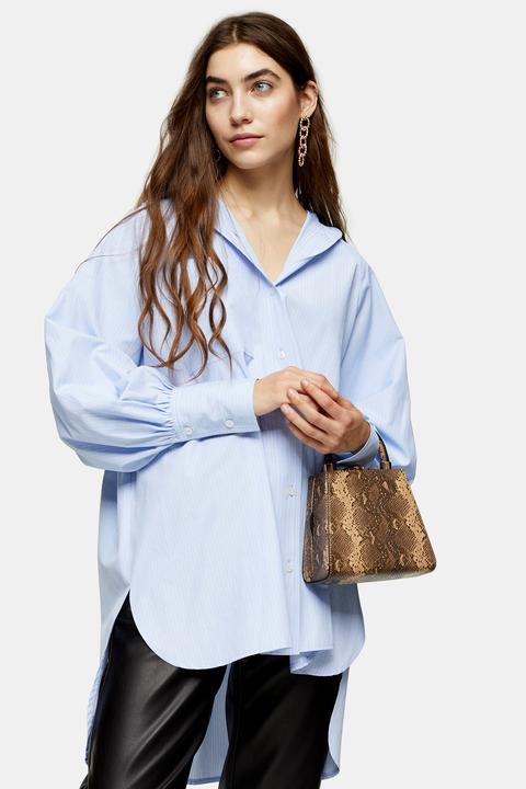 Womens Blue Stripe Oversized Poplin Shirt - Blue, Blue