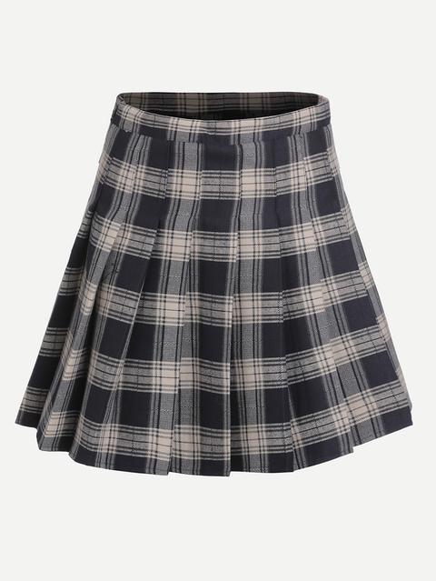 Navy Plaid Zipper Pleated Skirt