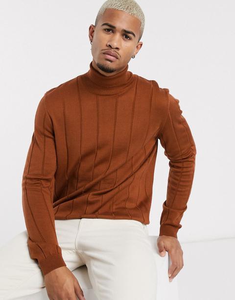 Asos Design Knitted Wide Rib Roll Neck Jumper In Brown