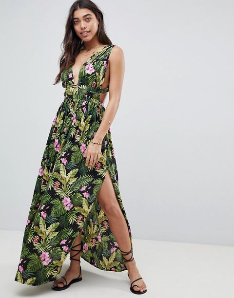 Asos Design - Copricostume Lungo Alla Greca Con Scollo Profondo E Stampa Di Ibischi - Multicolore