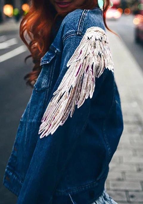 Blue Floral Wing Print Buttons Pockets Turndown Collar Coat