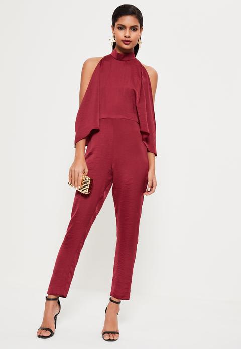 Burgundy Open Shoulder High Neck Satin Jumpsuit