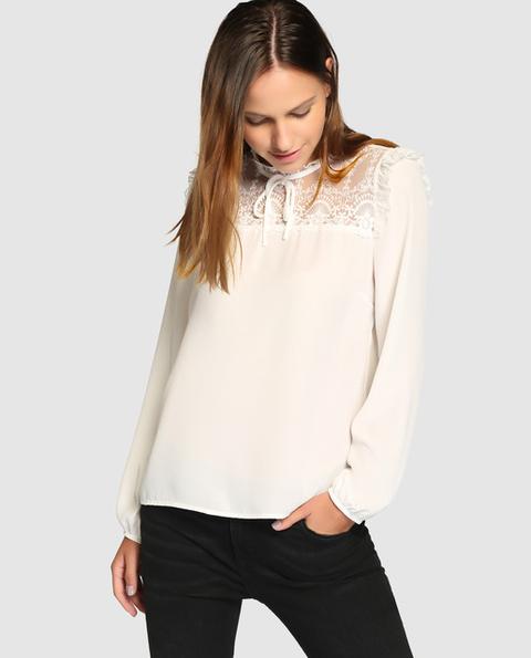 Blusa De Mujer Con Encaje Y Adorno Lazo Blanco