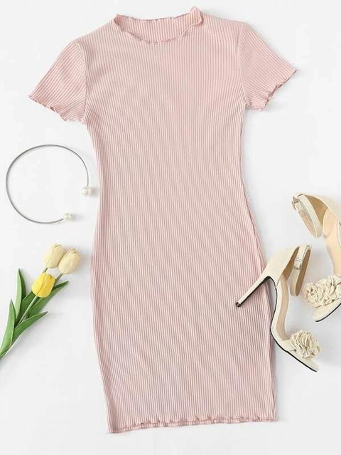Vestido Tejido De Canalé Ribete En Forma De Lechuga
