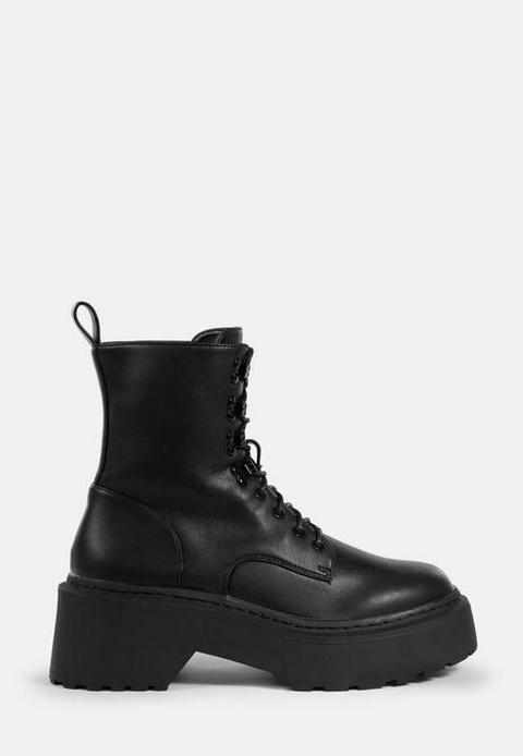 Black Lace Up Chunky Sole Ankle Boots, Black