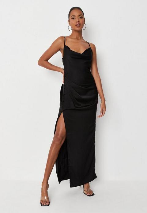 Black Satin Button Cowl Neck Maxi Dress, Black