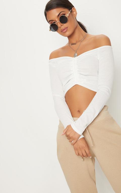 White Rib Ruched Front Long Sleeve Bardot Crop Top