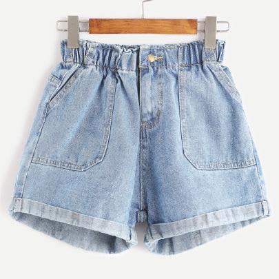 Elastic Waist Rolled Hem Denim Shorts