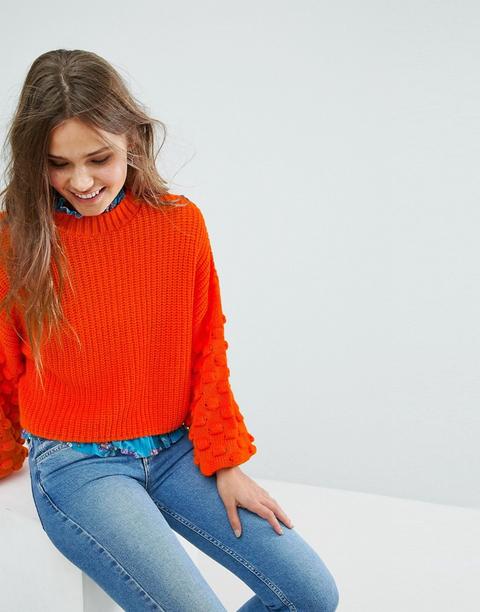 Miss Selfridge - Maglione Lavorato A Coste Con Maniche A Sbuffo E Pompon - Arancione
