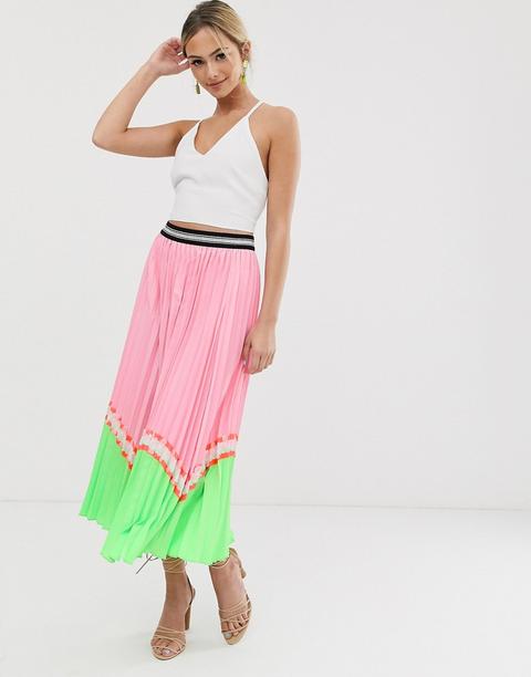 Liquorish Pleated Midaxi Skirt In Pink Neon Colour Block