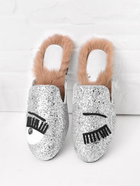 Chanclas Planas Y Brillantes Con Dibujo De Pestaña Con Pelaje Artificial