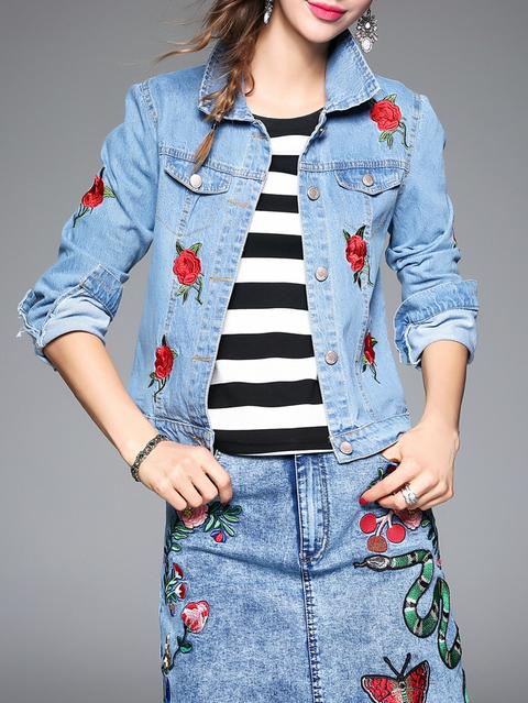 Chaqueta De Denim Con Bordado De Rosa Azul