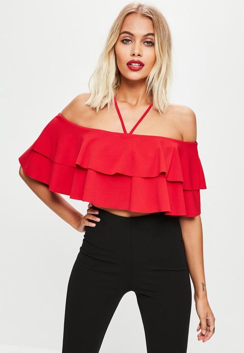 Crop Top Bardot De Volantes En Rojo