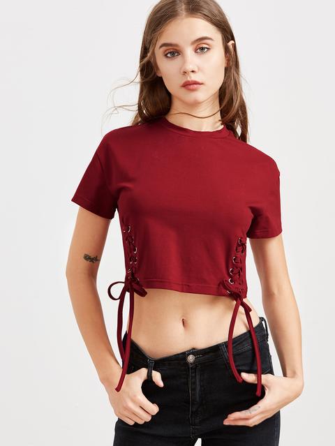 Burgundy Double Lace Up Front Crop T-shirt