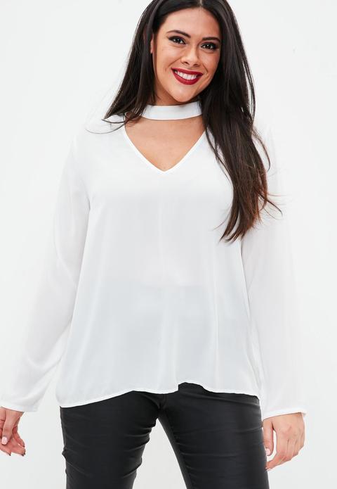 Plus Size Choker Blouse White, White