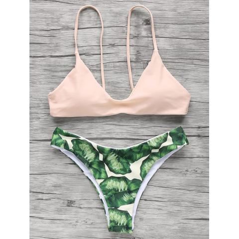 Palm Tree Spaghetti Straps Bikini - Light Apricot Pink - M