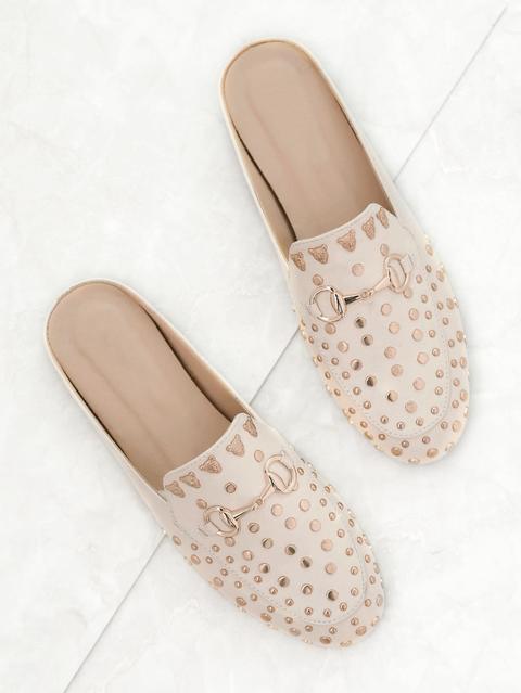 White Gold Stud Embellished Slip-on Loafers