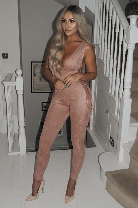 Pink Jumpsuits - Sarah Ashcroft Pink Faux Suede Lace Up Side Plunge Jumpsuit