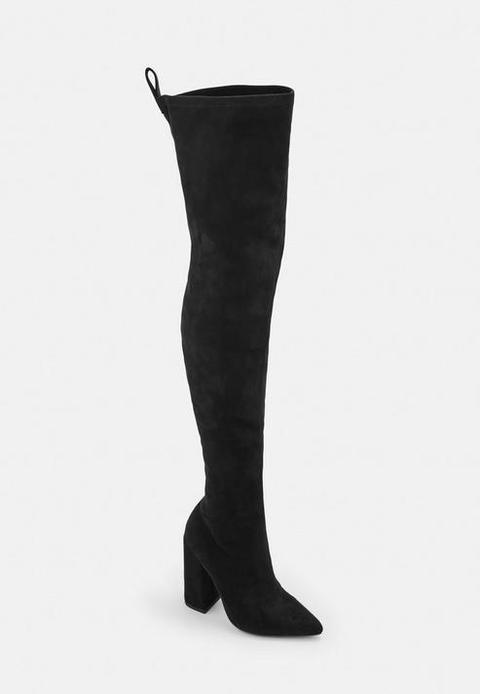 Black Block Heel Faux Suede Over The Knee Boots, Black