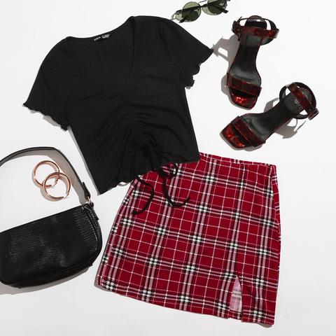 Drawstring Front Lettuce Trim Solid Top & Split Hem Plaid Skirt Set