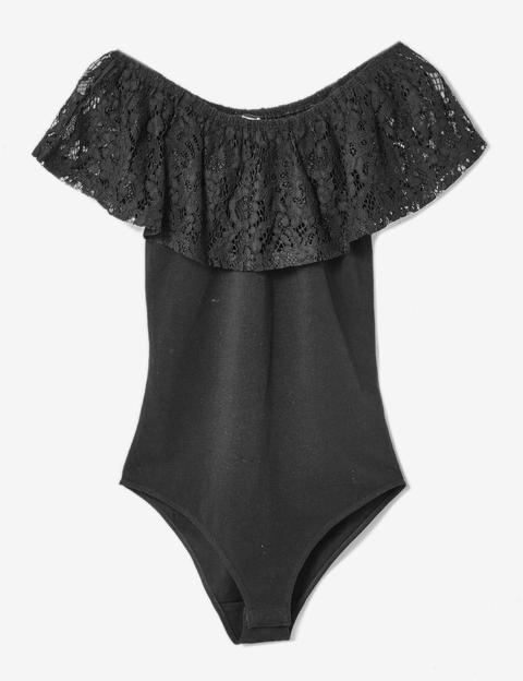 Black Bodysuit With Lace Frill Detail