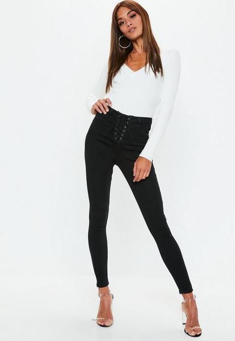 Black High Waisted Lace Up Skinny Jeans, Black