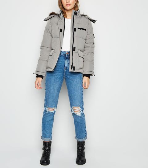 new look faux fur short coat in grey