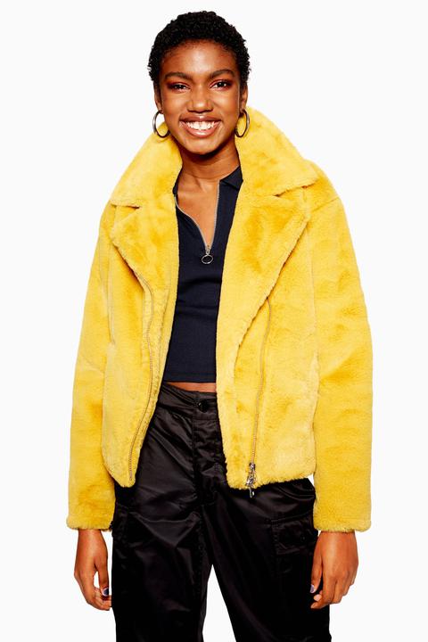 Womens Faux Fur Biker Jacket - Mustard, Mustard