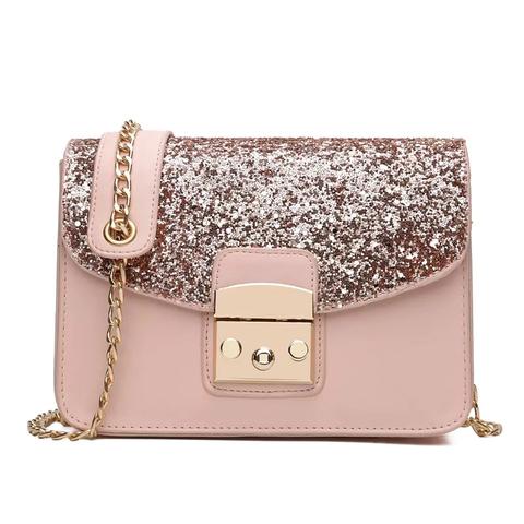 Sequined Handbag Shoulder Messenger Bag Chain Small Square Package - Pink