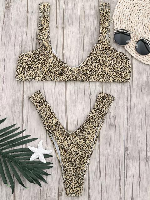 Costume Da Bagno Annodato Stampa Leopardata Con Perizoma Leopard