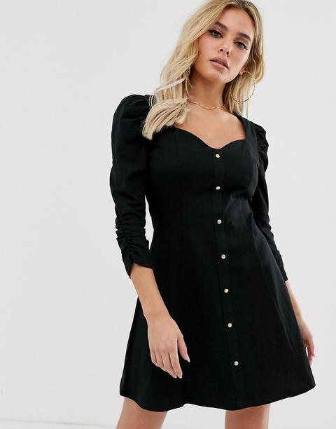 Asos Design - Vestito Da Giorno Con Bottoni E Maniche A Sbuffo - Nero