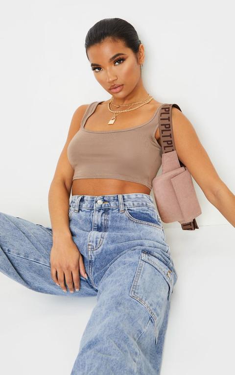 Basic Mocha Scoop Neck Crop Top