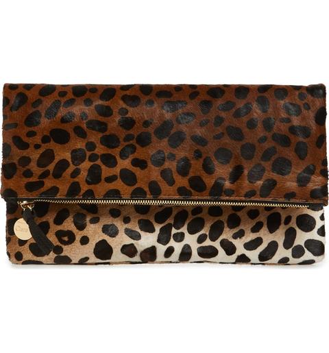 Genuine Calf Hair Leopard Print Foldover Clutch