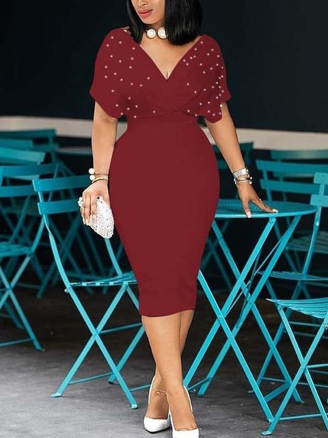 Abito Lungo Elegante Scollo A V Aderente Con Perline Bordeaux Elegante Festa Da Ballo