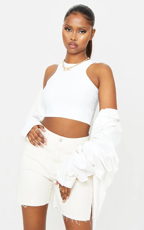 White Stretch Slinky Racer Crop Top