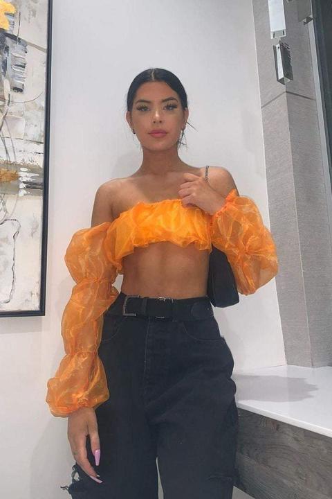 Orange Organza Sleeve Crop Top - 10 Orange