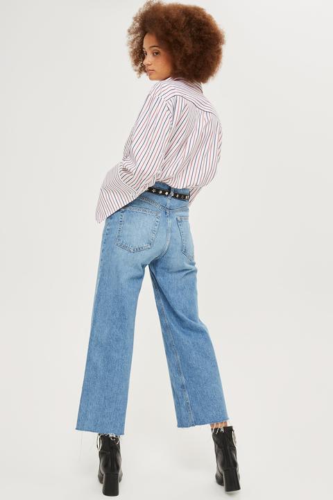 Womens Petite Mid Blue Cropped Wide Leg Jeans - Mid Stone, Mid Stone