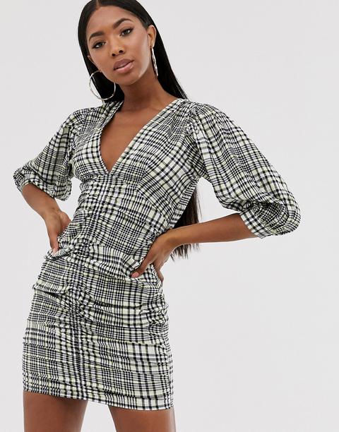 Asos Design Ruched Mini Dress With Puff Sleeves In Check Print-multi