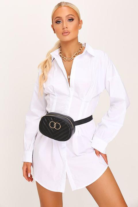 White Cinched Waist Shirt Dress