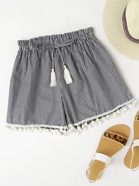 Vertical Striped Drawstring Waist Pompom Hem Shorts