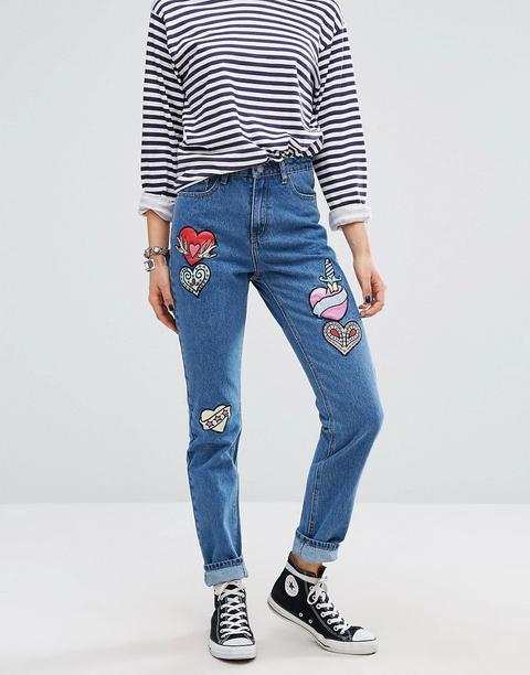 Glamorous - Mom Jeans Con Toppe A Cuore Ricamate - Blu