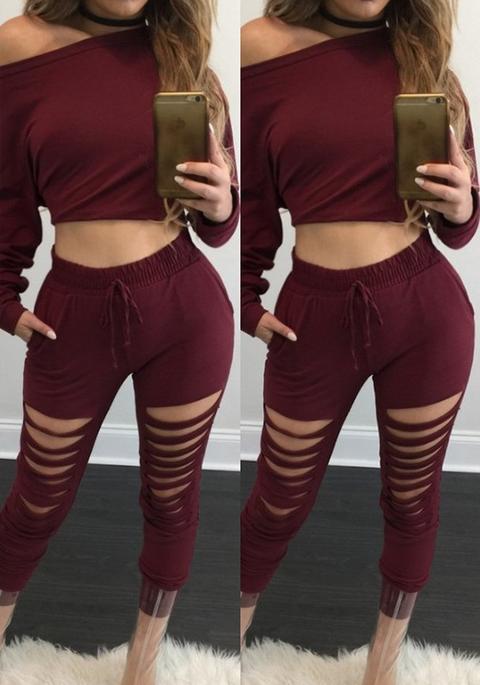 Wine Red Plain Pockets 2-in-1 Cut Out Crop Long Jumpsuit