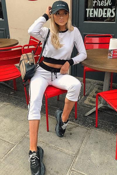 White And Black Side Stripe Sweatshirt And Jogger Set - Miliany