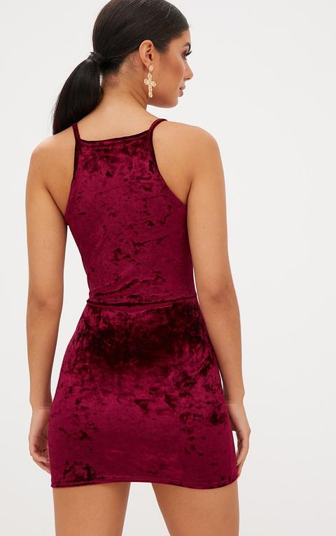 Wine Crushed Velvet Straight Neck Bodycon Dress