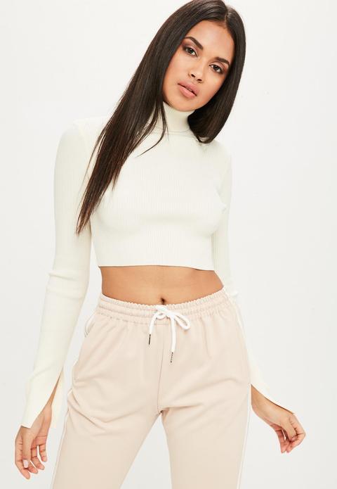 Cream High Neck Ribbed Cropped Jumper, White