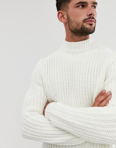 Asos Design – Schwerer, Gerippter Fischerpullover Mit Rollkragen In Weiß