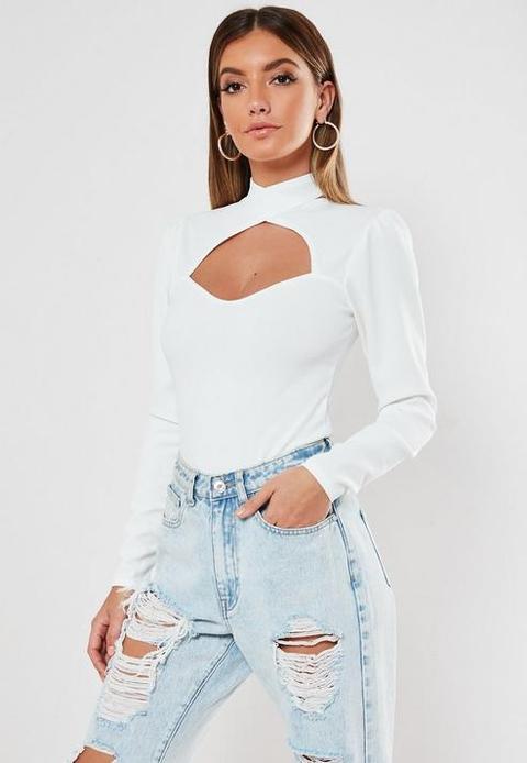 White Cut Out Sweetheart Neck Bodysuit, White