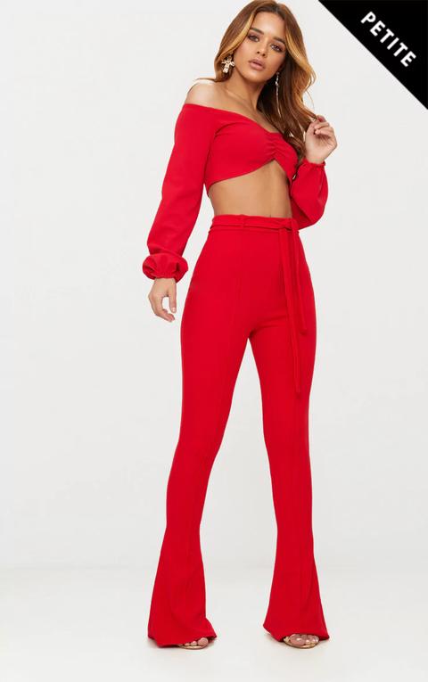 Petite Red Flared Belted Trousers, Red